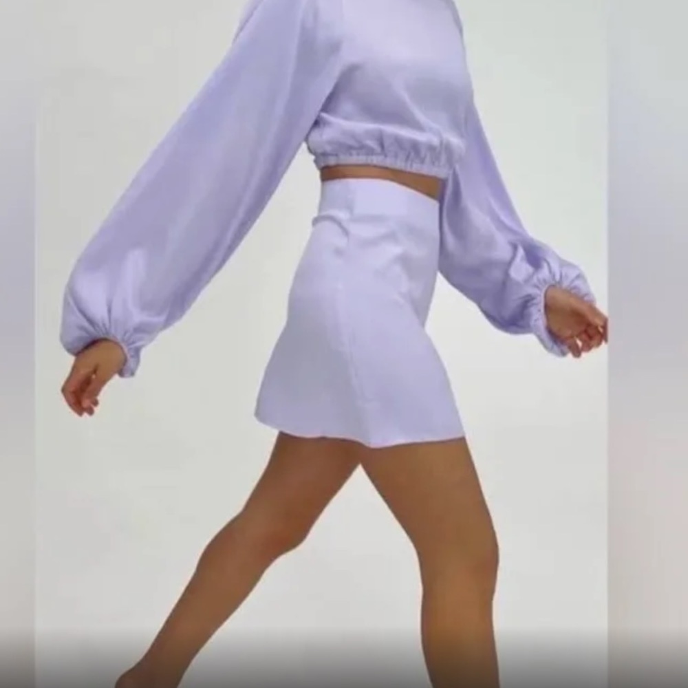 WeWoreWhat Lavender Satin Puff Sleeve Crop Top Mini Skirt Set M NWT